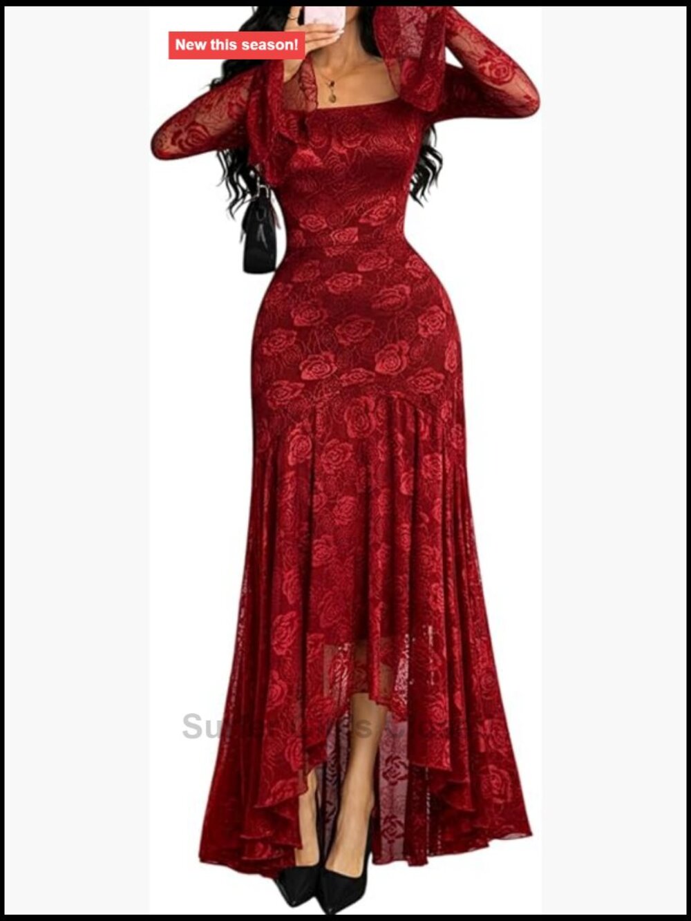 Black Lace Maxi Dress Women Bell Sleeve Square Neck Formal Party Outfit